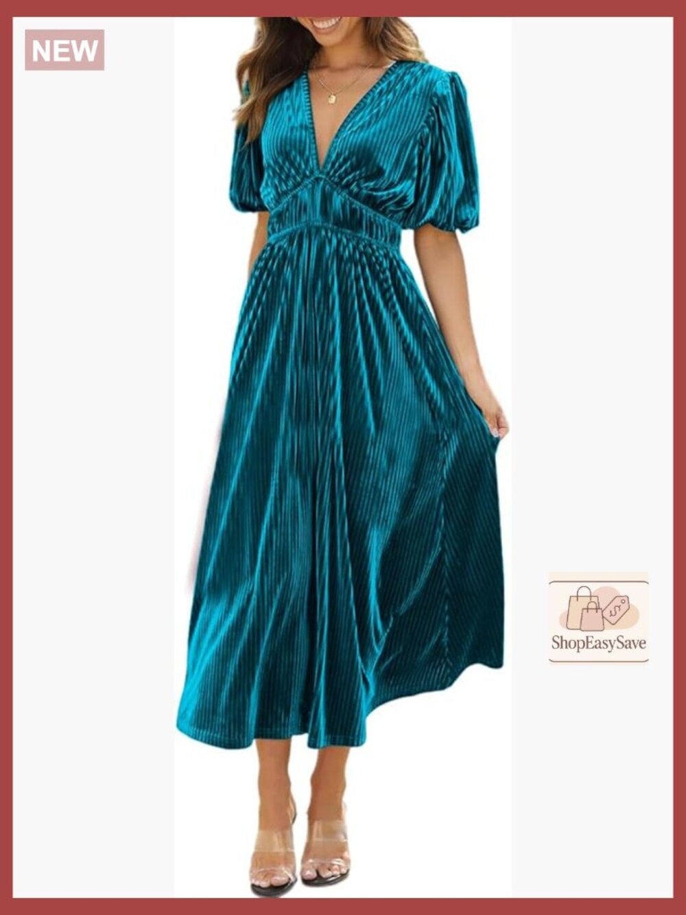 Velvet Midi Dress Puff Sleeve Deep V Neck High Waist A-Line Elegant Chic